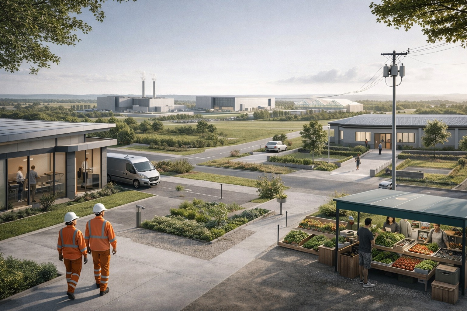 Sustainable data center campus with workers and community produce stand
