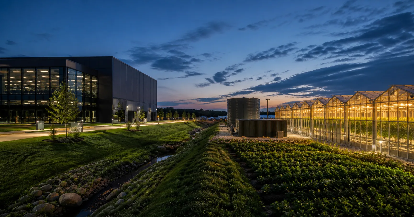 Illustration of an integrated data center, on-site power facility, and illuminated greenhouse campus at dusk.